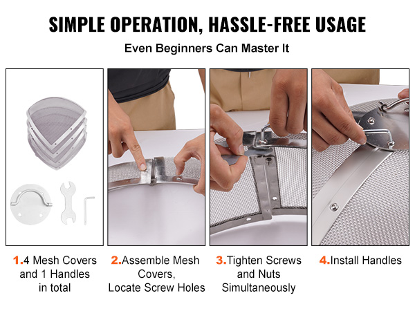 simple assembly of VEVOR fire pit spark screen with mesh covers and handles, step-by-step instructions.
