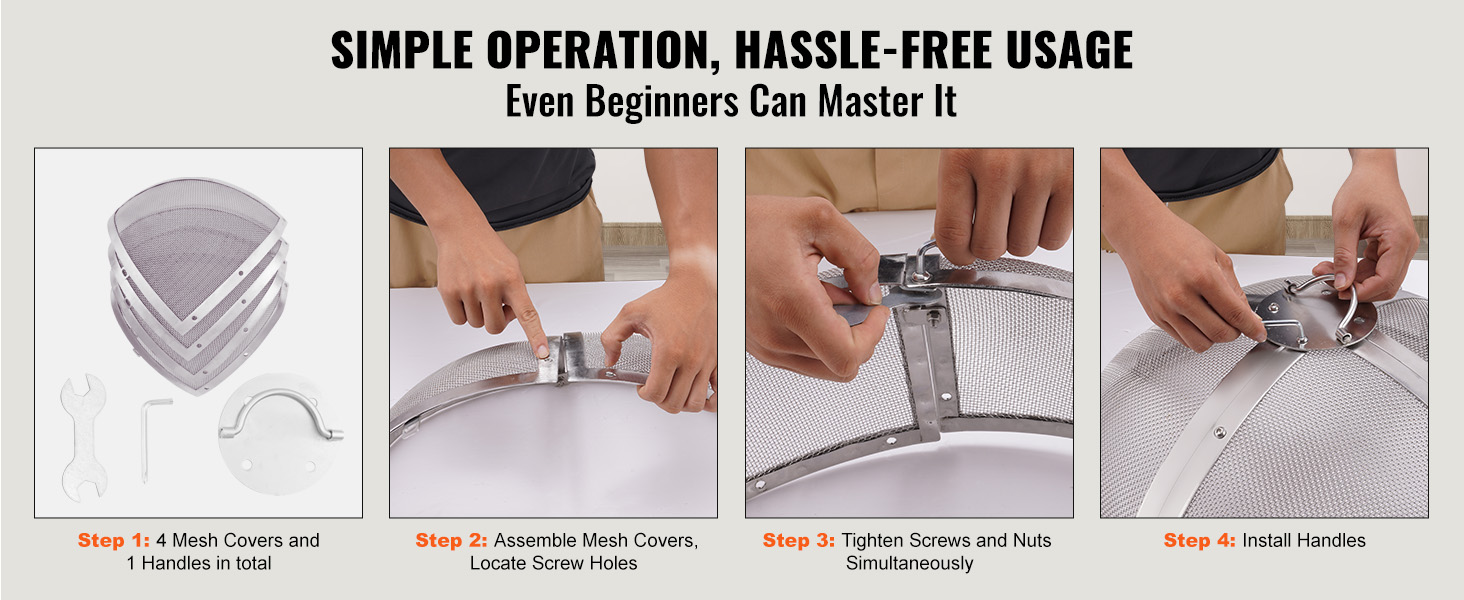simple assembly of VEVOR fire pit spark screen with mesh covers and handles, step-by-step instructions.