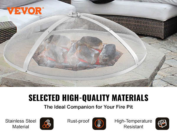 VEVOR fire pit screen on stone fire pit surrounded by outdoor seating. features stainless steel, rust-proof, high-temperature resistant.
