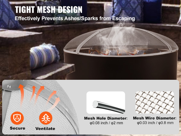 VEVOR fire pit screen in a backyard with tight mesh design to prevent ash and sparks from escaping.