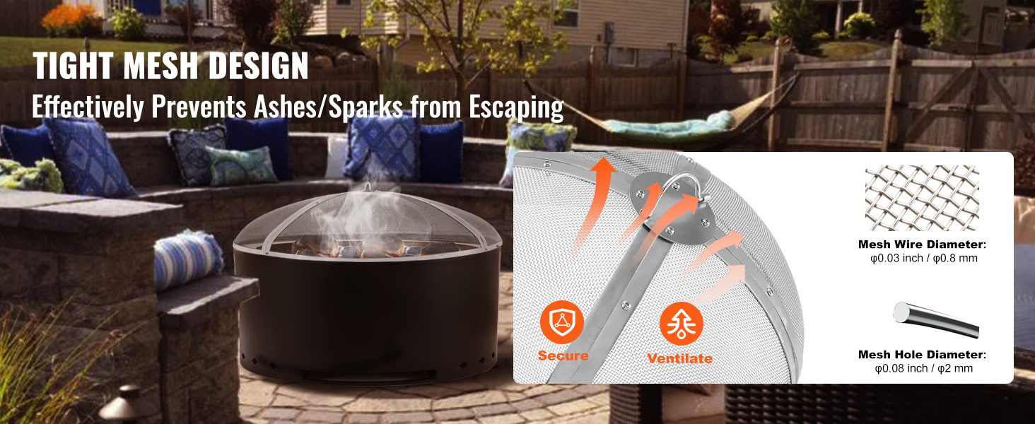 VEVOR fire pit screen in a backyard with tight mesh design to prevent ash and sparks from escaping.