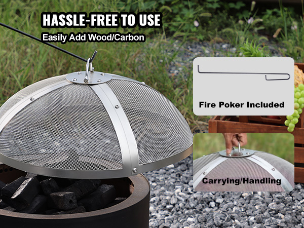 VEVOR fire pit screen with carrying handle and fire poker included for easy wood and carbon addition.