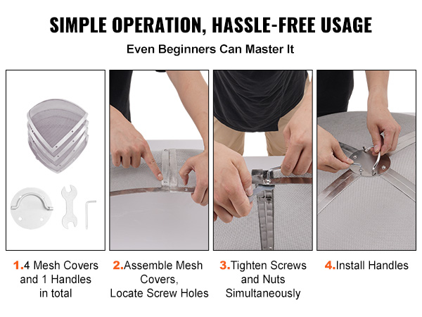simple installation of the VEVOR fire pit screen in four easy steps with mesh covers and handles.