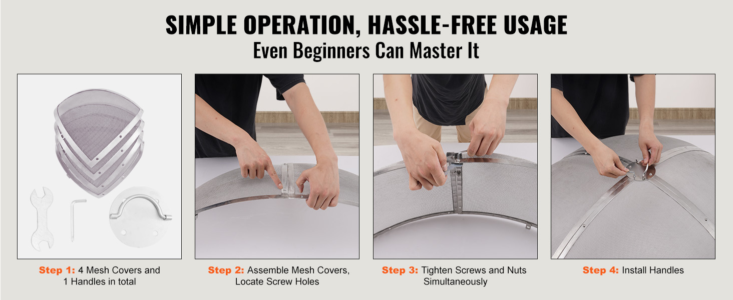simple installation of the VEVOR fire pit screen in four easy steps with mesh covers and handles.
