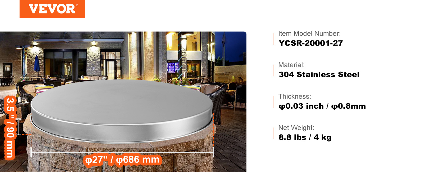 VEVOR fire pit cover on a stone fire pit in a stylish outdoor patio, with product dimensions and specs.