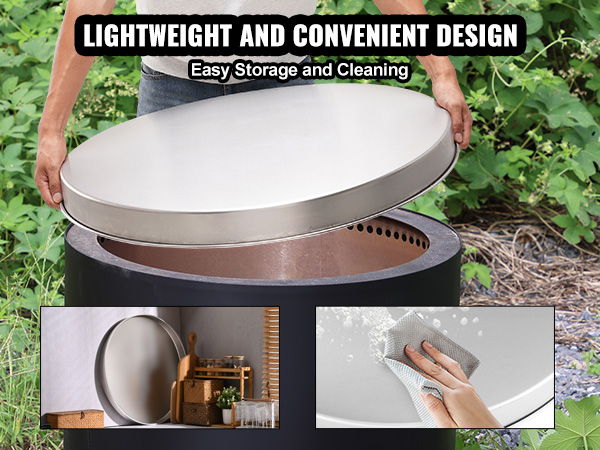 man placing VEVOR fire pit cover on pit, with features of easy storage and cleaning highlighted.