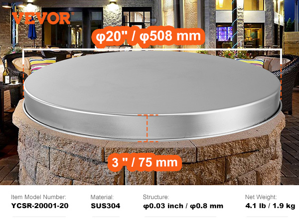 VEVOR fire pit cover, 20" diameter, 3" height, 304 stainless steel, outdoor patio backdrop.