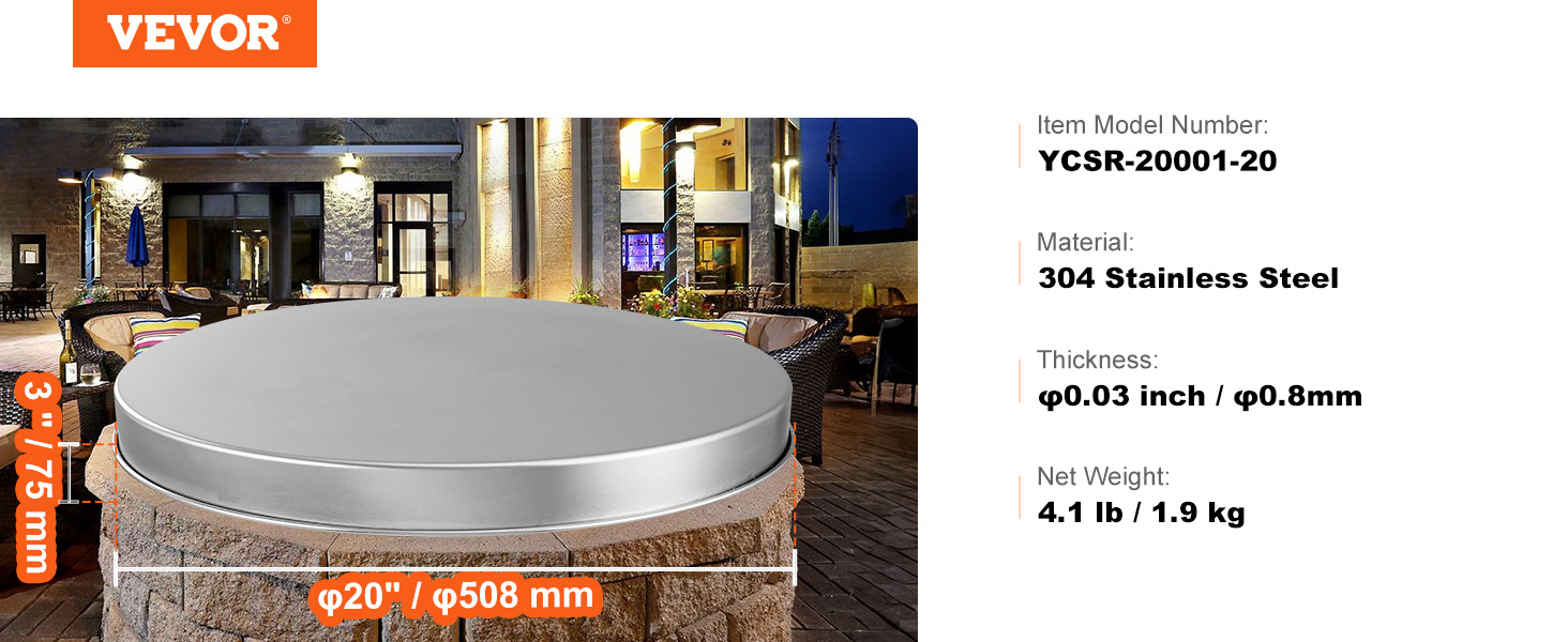 VEVOR fire pit cover, 20" diameter, 3" height, 304 stainless steel, outdoor patio backdrop.