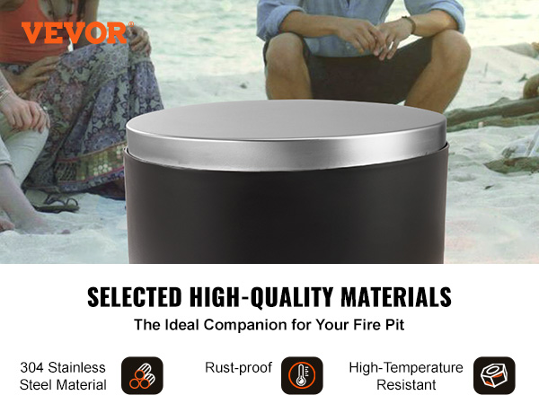 VEVOR fire pit cover with 304 stainless steel, high-temperature resistance, and rust-proof features.
