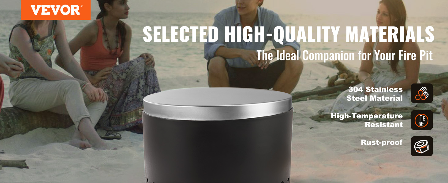 VEVOR fire pit cover with 304 stainless steel, high-temperature resistance, and rust-proof features.