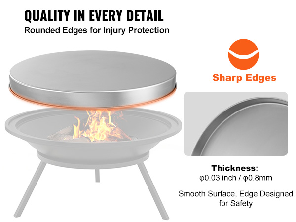 VEVOR fire pit cover with rounded edges for safety, 0.03-inch thickness, seamless fit for fire pit.