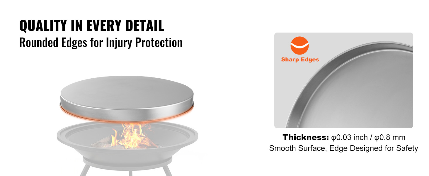 VEVOR fire pit cover with rounded edges for safety, 0.03-inch thickness, seamless fit for fire pit.