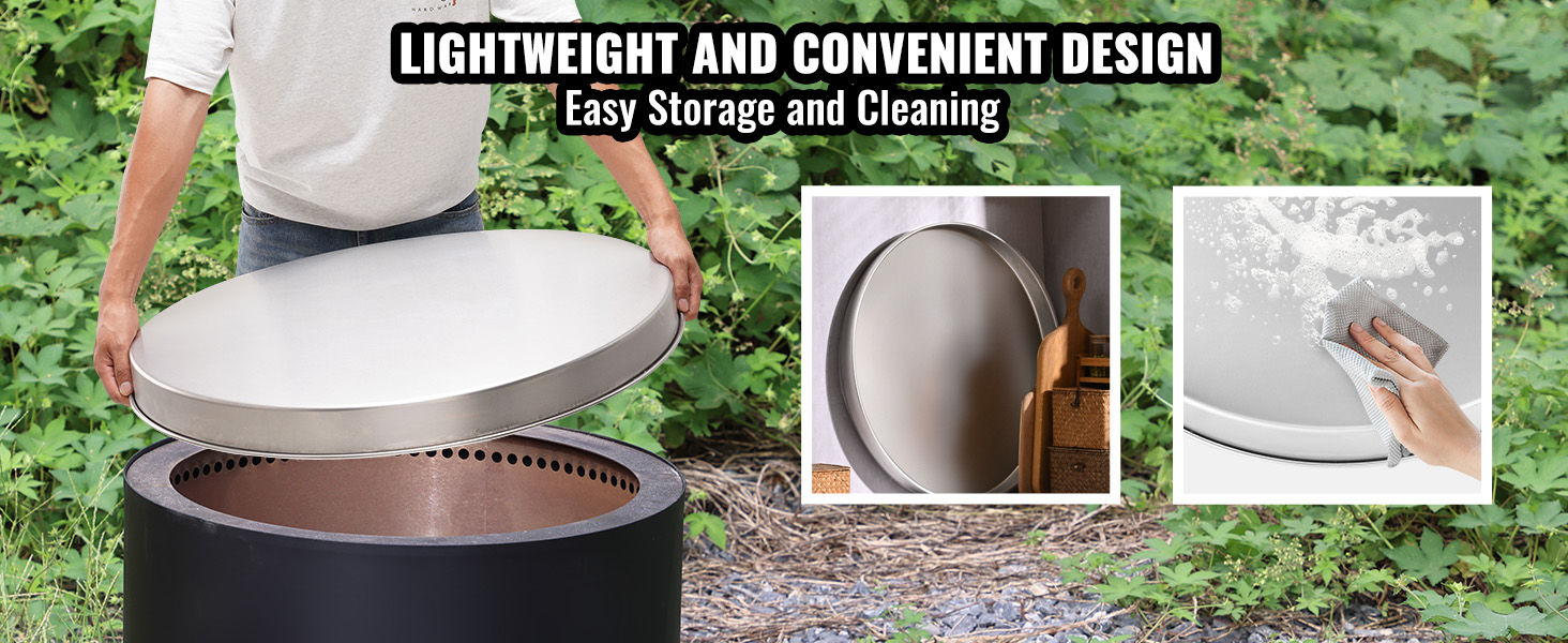 person demonstrating the VEVOR fire pit cover, lightweight design, easy cleaning, and storage options.