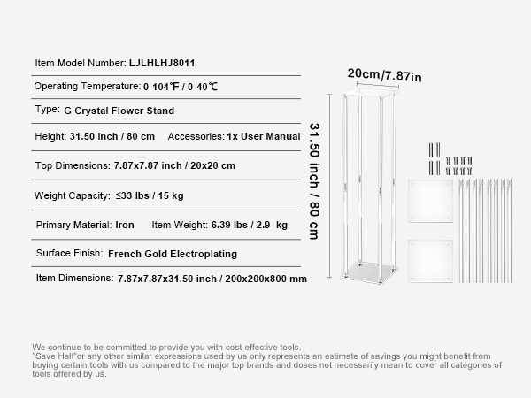 VEVOR wedding flower stand with dimensions, material details, and assembly components listed.