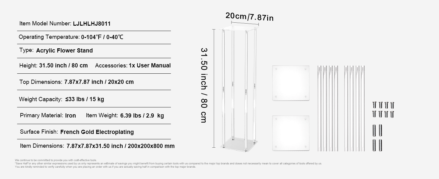 VEVOR wedding flower stand with dimensions, material details, and assembly components listed.