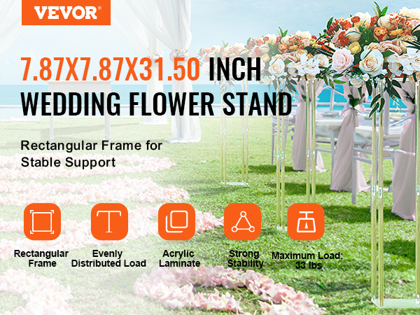 VEVOR wedding flower stand, 7.87x7.87x31.50 inch, at outdoor ceremony with floral arrangements and white drapes.