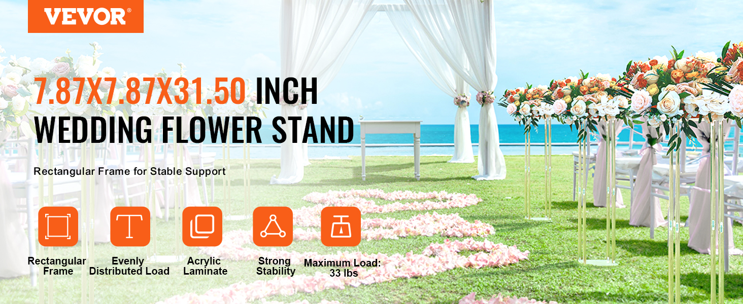 VEVOR wedding flower stand, 7.87x7.87x31.50 inch, at outdoor ceremony with floral arrangements and white drapes.