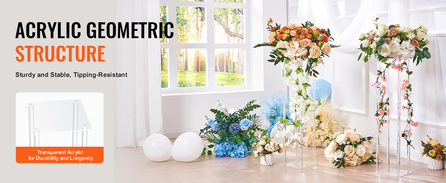acrylic flower stands with roses and green leaves, perfect for weddings. sturdy and stable VEVOR wedding flower stand.