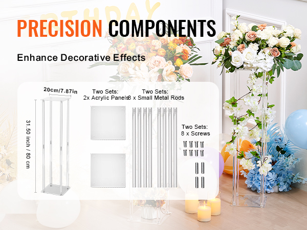 VEVOR wedding flower stand with colorful flowers, balloons, and candles. diagram showing assembly components.