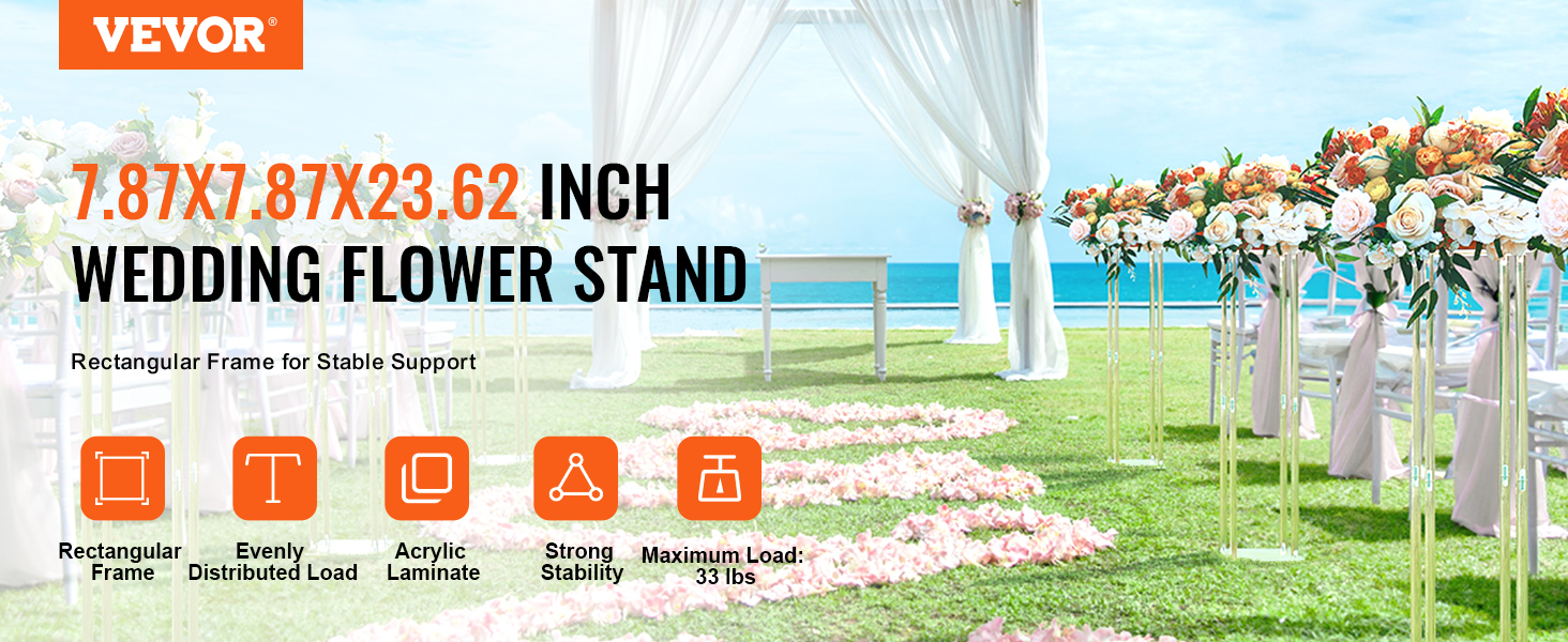 VEVOR wedding flower stand with rectangular frame for stable support at an outdoor ceremony by the sea.