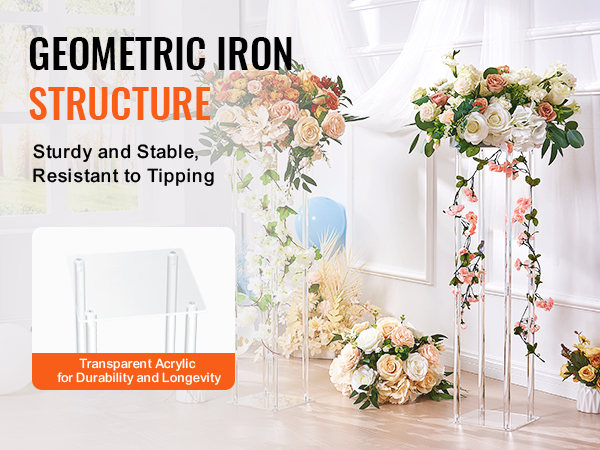 acrylic geometric flower stands with floral arrangements for a wedding, sturdy and tipping-resistant.