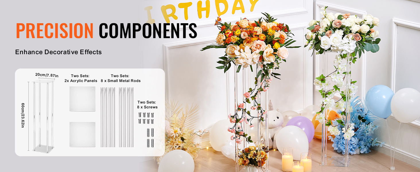 VEVOR wedding flower stand with acrylic panels and metal rods, adorned with flowers and balloons.