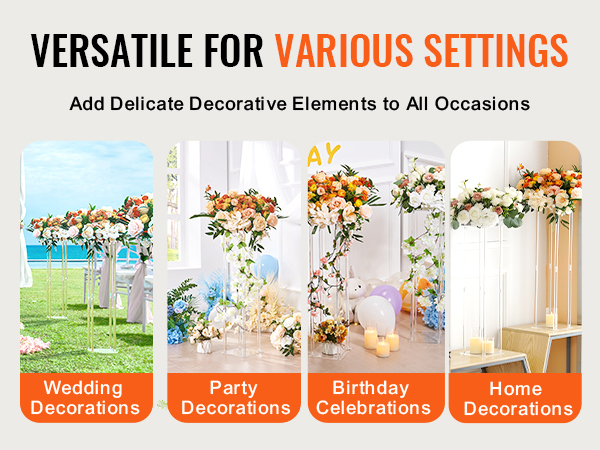 VEVOR wedding flower stand for versatile settings: weddings, parties, birthdays, home decorations.