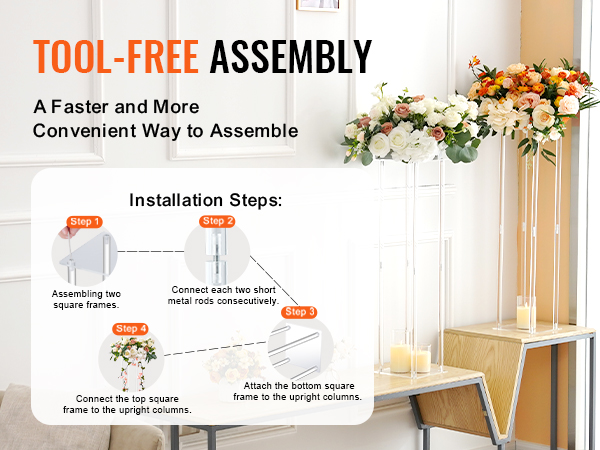 tool-free VEVOR wedding flower stand with floral arrangements, featuring quick assembly steps.