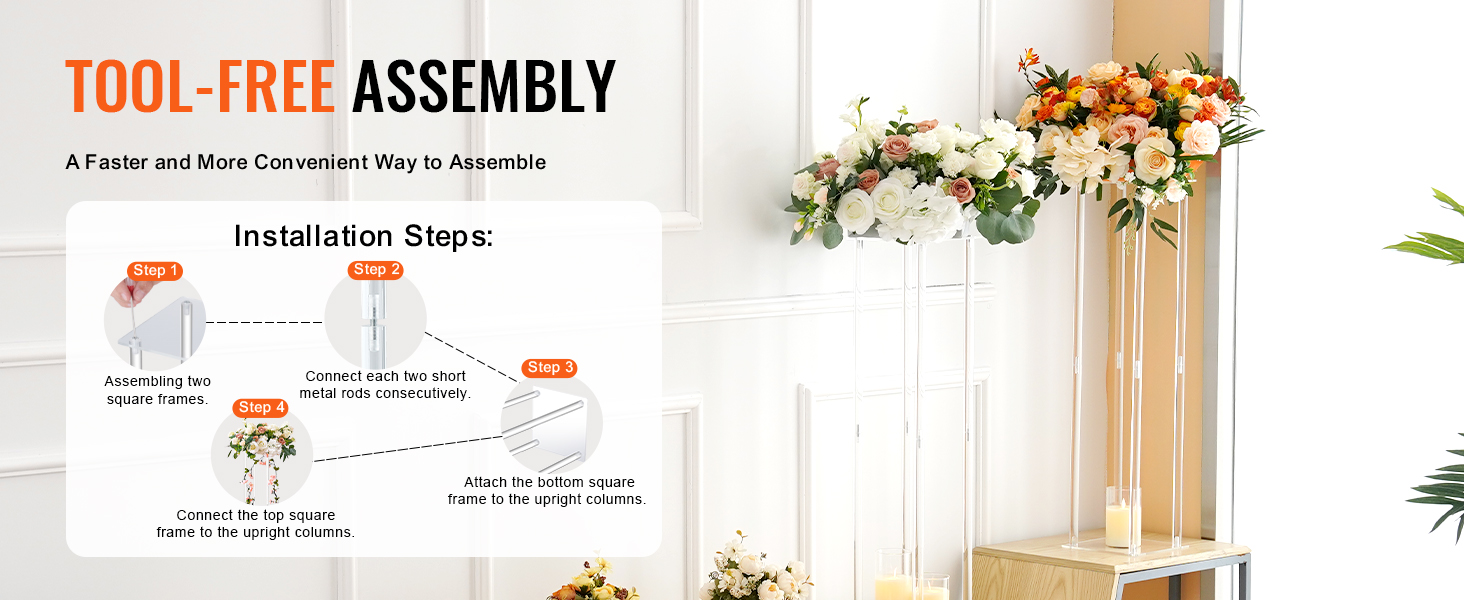 tool-free VEVOR wedding flower stand with floral arrangements, featuring quick assembly steps.