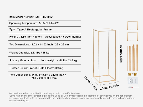 VEVOR wedding flower stand, 31.5in gold rectangular frame, iron material, 15kg capacity, assembly kit included.