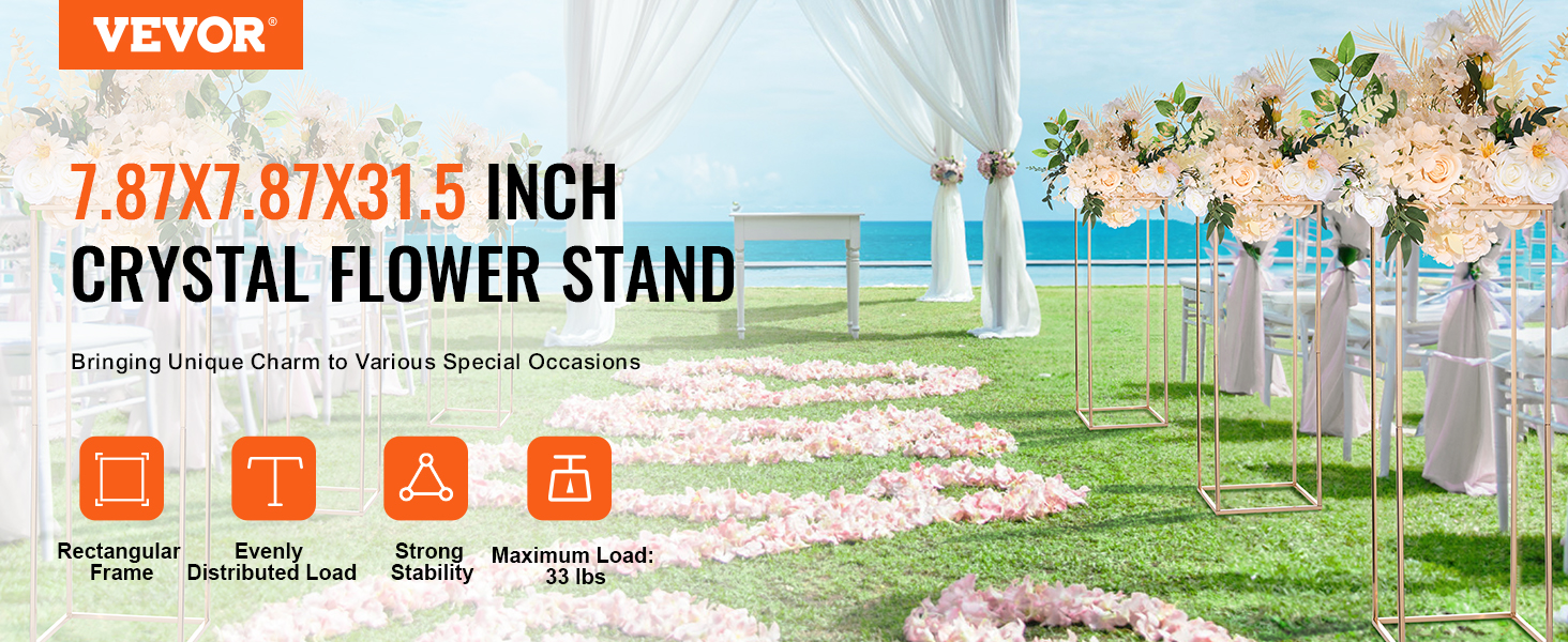 VEVOR wedding flower stand on grass with floral arrangements, leading to an outdoor arch by the sea.