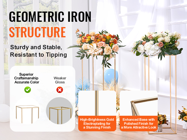 VEVOR wedding flower stand with gold electroplating, showcasing sturdy geometric iron structure and floral decor.