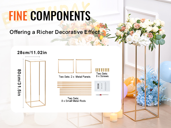 VEVOR wedding flower stand components and assembled stands with floral arrangements for birthday decor.
