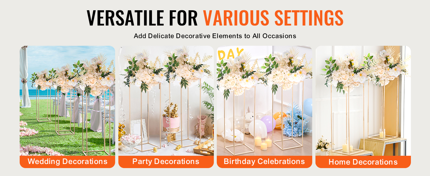 VEVOR wedding flower stand for versatile settings: weddings, parties, birthdays, and home decor.