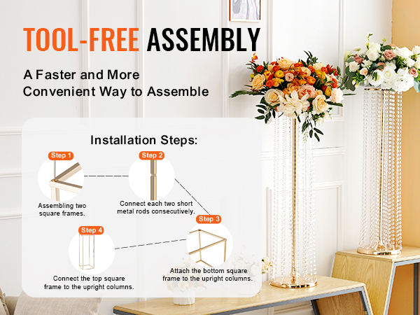 VEVOR wedding flower stand, tool-free assembly guide with vibrant flower arrangements.