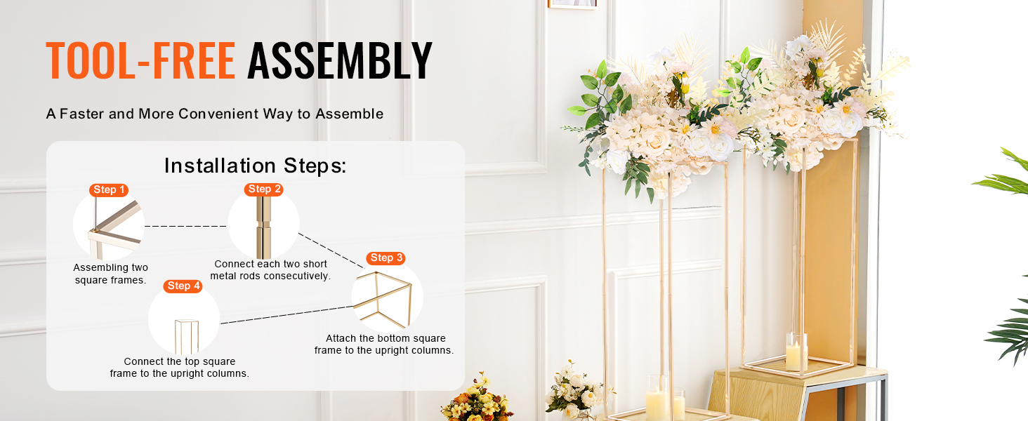 VEVOR wedding flower stand, tool-free assembly guide with vibrant flower arrangements.