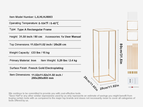 VEVOR wedding flower stand, rectangular frame, iron, 80cm height, french gold finish, 28x28cm top.