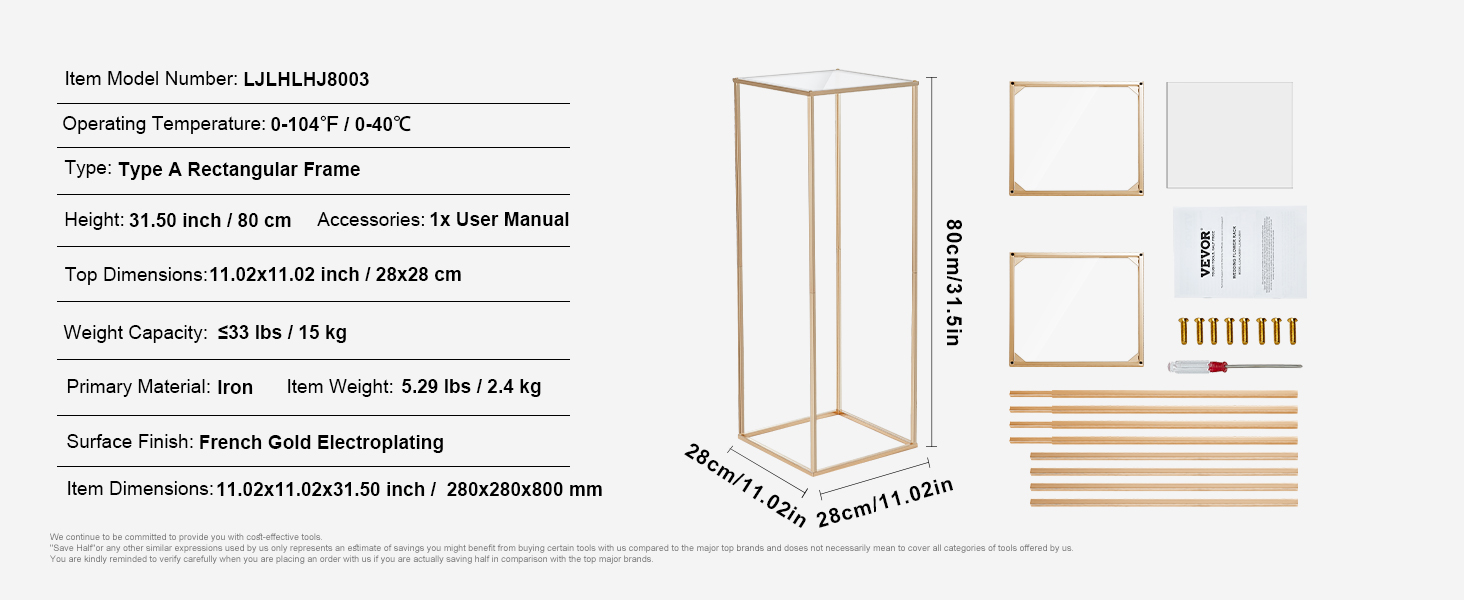 VEVOR wedding flower stand, rectangular frame, iron, 80cm height, french gold finish, 28x28cm top.