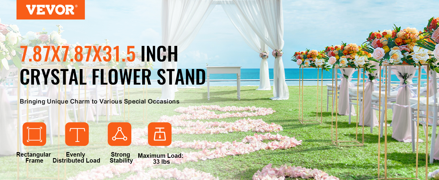 VEVOR wedding flower stand: elegant gold stands with floral arrangements at a beach wedding setup.