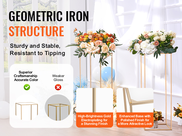 geometric iron structure gold electroplated wedding flower stands with floral arrangements for elegant décor.
