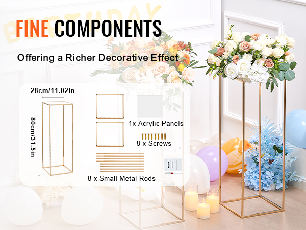 VEVOR wedding flower stand, gold frame with floral arrangements, balloons, and birthday decor.