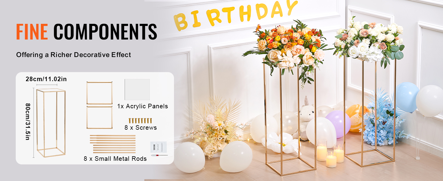 VEVOR wedding flower stand, gold frame with floral arrangements, balloons, and birthday decor.