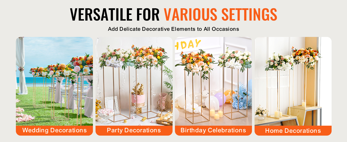 VEVOR wedding flower stand for weddings, parties, birthdays, and home decor, showcasing floral arrangements.