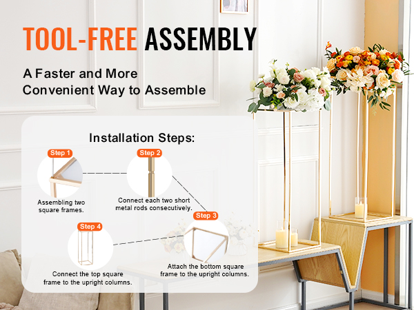 tool-free assembly steps for VEVOR wedding flower stand with floral arrangement and candles in a modern setting.