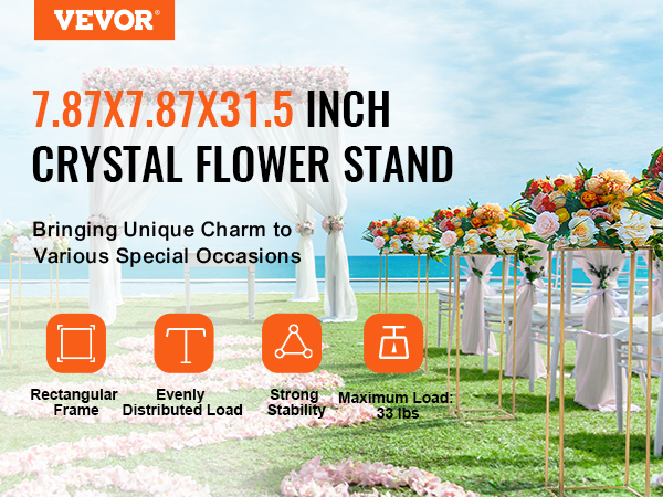 VEVOR wedding flower stand on a grassy aisle with elegant floral decorations by the ocean.