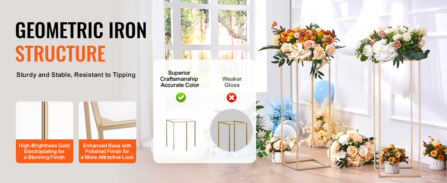 geometric iron structure with VEVOR wedding flower stand, featuring polished gold finish and floral arrangements.