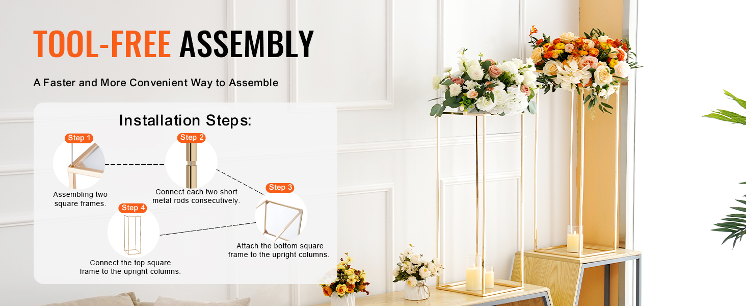 tool-free assembly guide for VEVOR wedding flower stand with floral arrangements and candle decor.