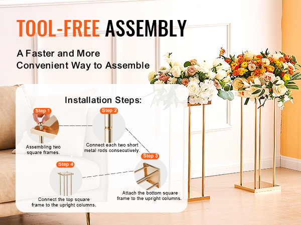 tool-free assembly for VEVOR wedding flower stand, showcasing two gold stands with floral arrangements.
