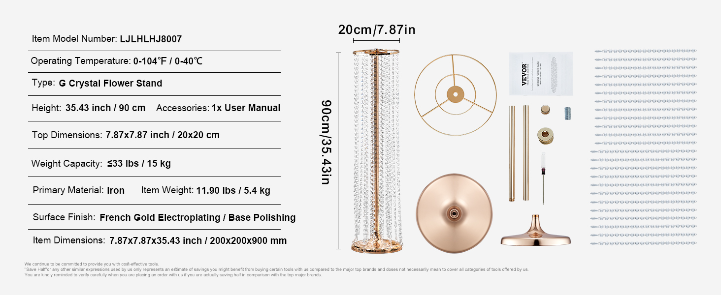 VEVOR crystal wedding flowers stand, 35.43 inches tall, french gold electroplated, iron material.