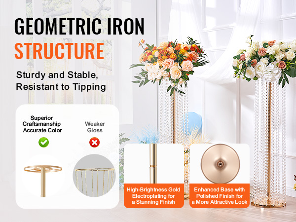 geometric iron structure with high-brightness gold electroplating and polished finish for VEVOR crystal wedding flowers stand.